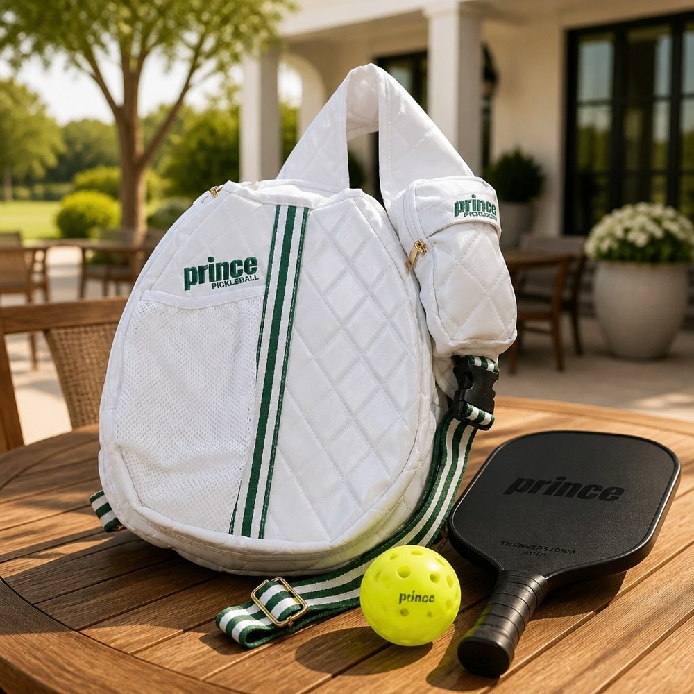 Prince Pickleball White Quilted Sling Backpack Bag with Green Stripe
